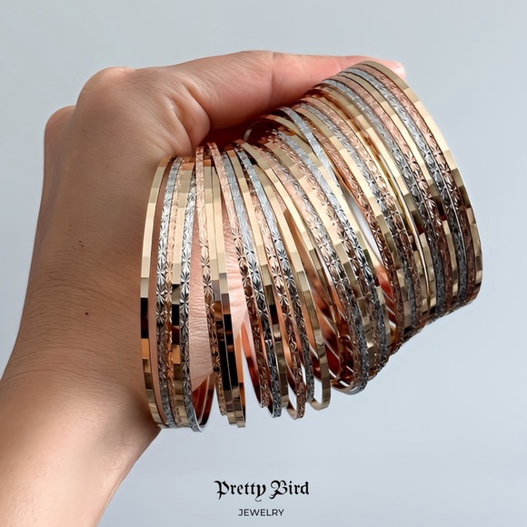 18k Gold Plated Diamond Cut Stacking Bangles - Picture 2 of 2